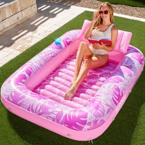 SLOOSH Inflatable Tanning Pool Lounger Float, 70" x 46" Pool Floats Adult with Pillow, 4 in 1 Suntan Tub Raft Floatie,Sunbathing Bed Lounge for Water Blow Up Kids Ball Pit Party Gifts, L-Hot Pink