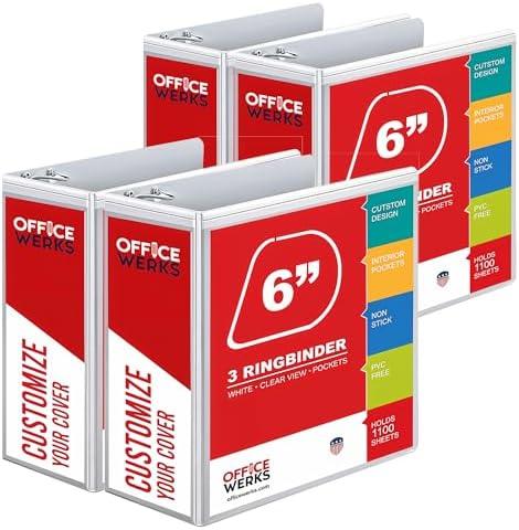 Amazon.com : 4 Pack of 6 Inch 3 Ring Binder with Locking Angle D Rings, Professional Heavy Duty Large Storage Binder with Pockets, Fits 8.5 x 11 Inch Sheets, Non-Stick Clear View Cover, Customizable, White : Office Products