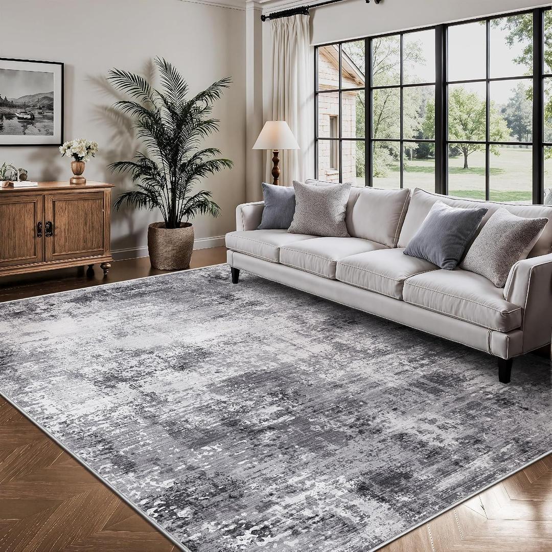 Living Room Rug 6x9, Abstract Modern Ultra Soft Washable Rug, Non Slip Carpet with Rubber Back Stain Resistance Rugs for Bedroom, Dining Room Decor(Black & Grey)