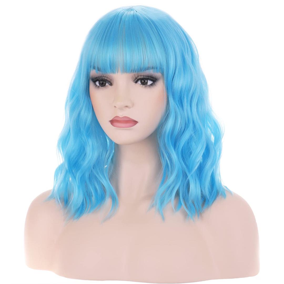 BERON 14 Inches Blue Wig Short Curly Wig with Bangs Women Charming Wigs Sky Blue Synthetic Wigs with Hairnet