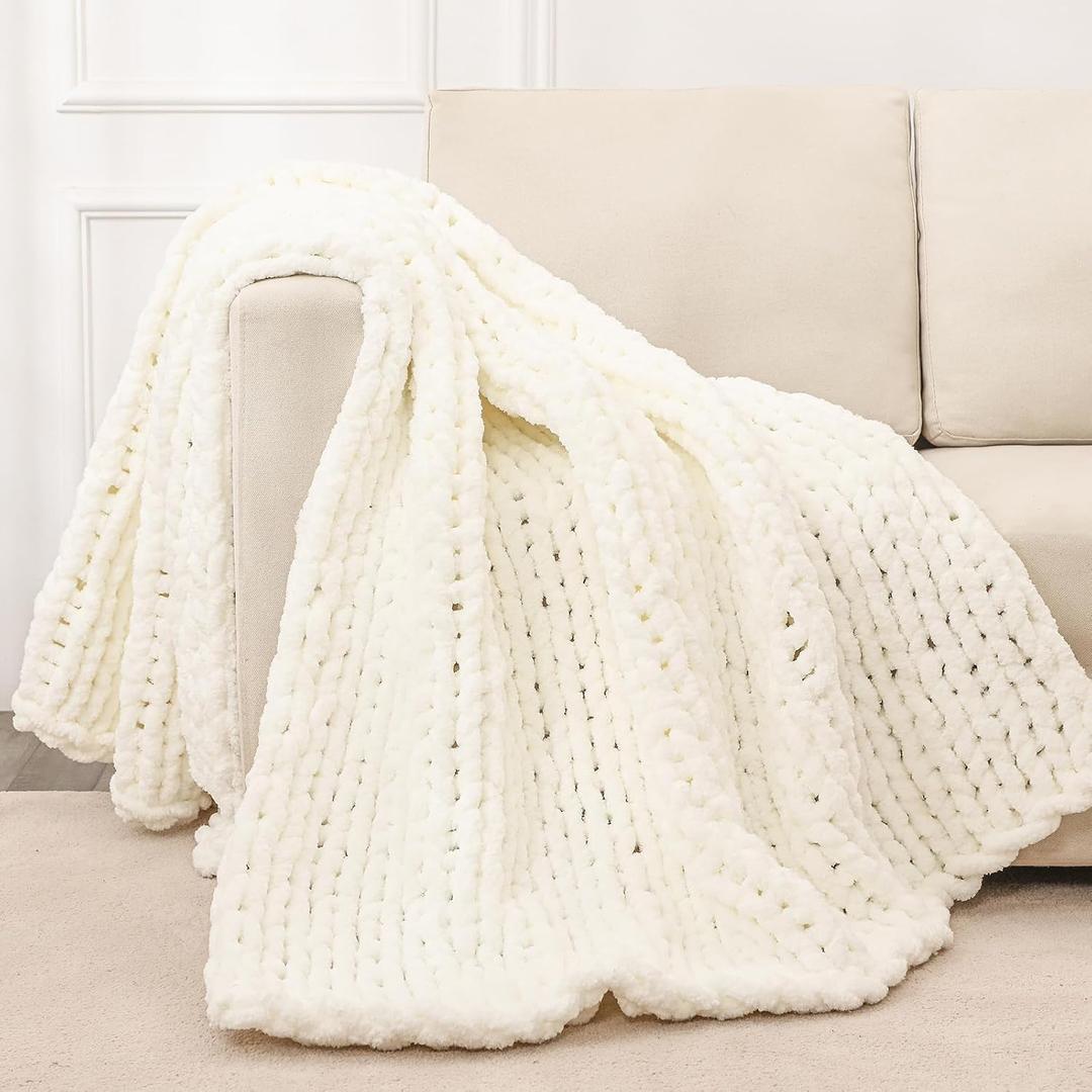 Bigacogo Chunky Knit Throw Blanket for Couch, 60x80 inches, 100% Hand Knitted with Thick Jumbo Chenille Yarn, Cozy Soft Large Rope Knot Cable Crochet Blankets for Sofa Bed Living Room, Ivory, 60"x80" (Over Size Throw