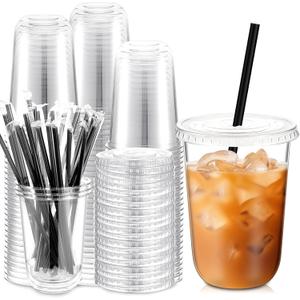 Ziliny 100 Set Clear Plastic Cups with Lids and Straws, Disposable Iced Coffee PET Cups for Drinking Cold Beverage Juice Parfait Smoothie Milkshake Coffee Shops Party Supplies (16 oz)