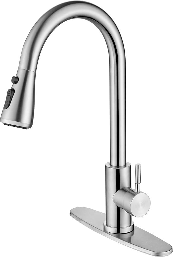 Kitchen Faucet with Soap Dispenser, Brushed Nickel High Arc Stainless Steel Modern Sink Faucet with Pull Down Sprayer, Deck Plate for 1 or 3 Hole Sinks for RV Bar Laundry Farmhouse