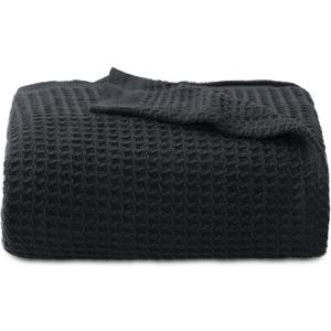 Bedsure 100% Cotton Large Throw Blanket for Couch 50x70 inches - Breathable and Soft, Waffle Weave Throw Blanket for Office, Black