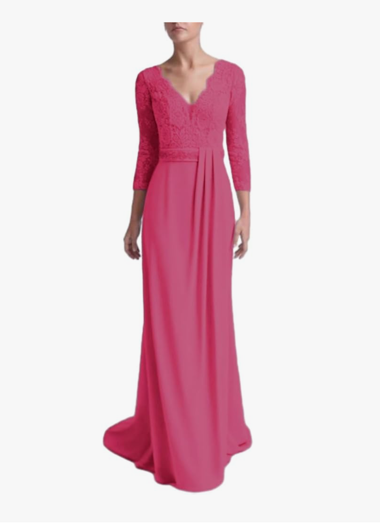 Sheath/Column Mother of The Bride Dress Elegant Jewel Neck Floor Length Chiffon Lace 3/4 Length Sleeve 2024Size M