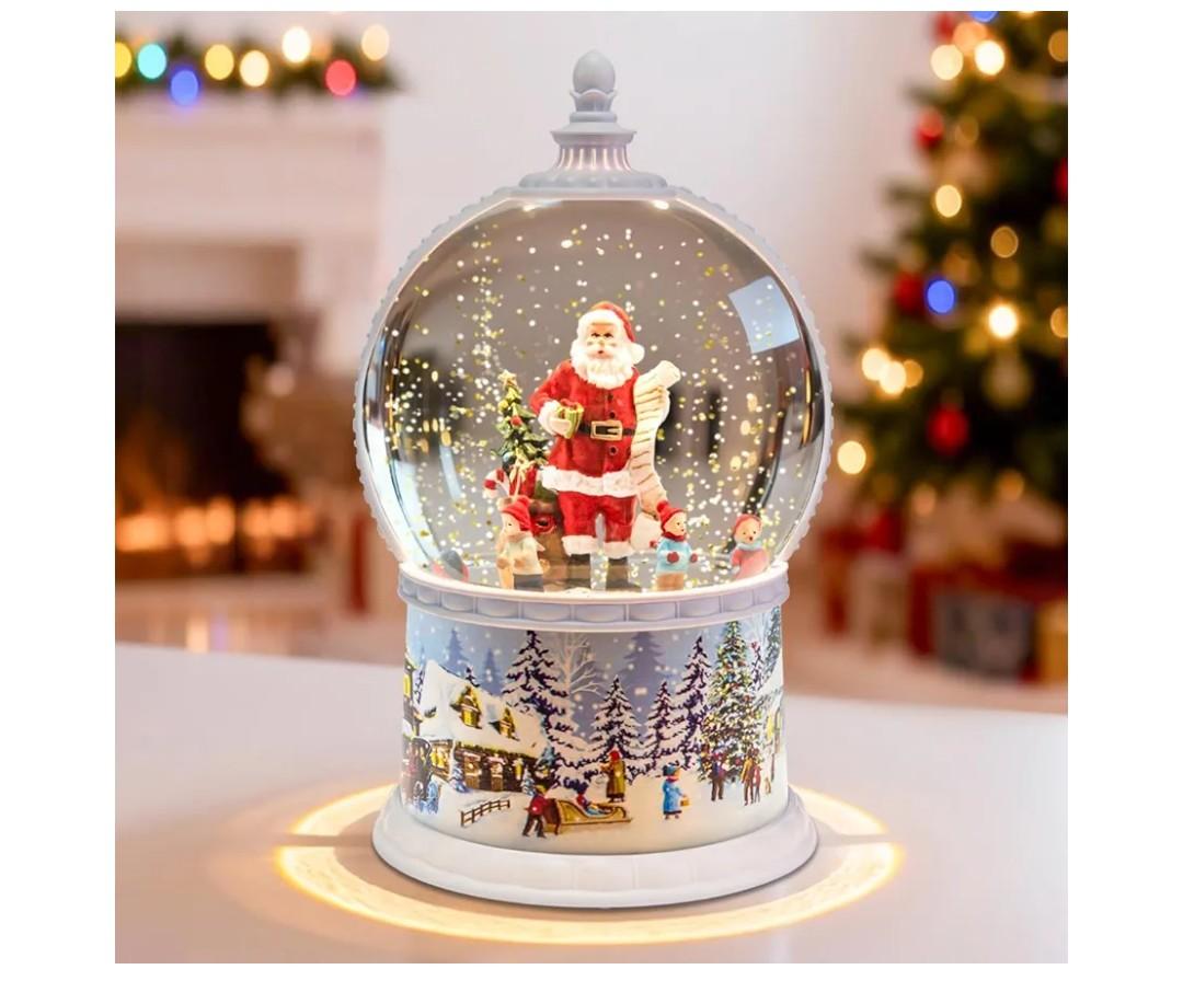 Christmas Snow Globes Musical,6H Timer Cylinder Glitter Snow Globe,White Snow Globes Christmas with Music Box Including 8 Songs, Battery Or USB Cable Powered
