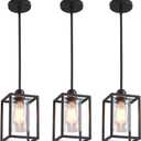 3 Pack Stem Rod Black Pendant Lights for Kitchen Island Industrial Lantern Pendant Light Fixtures with Clear Glass Shade, Farmhouse Adjustable Height Hanging Pendant Lighting