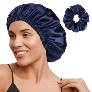 YANIBEST Adjustable Satin Bonnet Double Layer Hair Bonnet for Sleeping Bonnets for Women Hats Curly Natural Hair, Navy Blue (One Size)