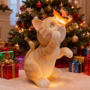 Garden Decor Solar Cat Figurines Cat Lover Gifts with LED Butterfly Lights for Indoor Outdoor Decor for Yard Garden Patio Decor Gifts for Women Grandma Mother's Day Birthday