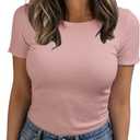 BIDITANLE Womens Summer Short Sleeve T-Shirt Ribbed Knit Crew Neck Slim Fitted Basic Casual Top (Pink, M)