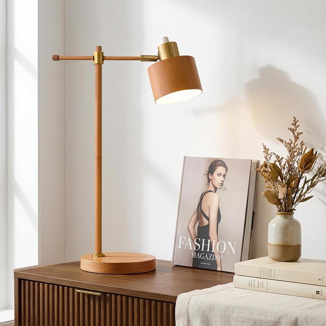 OYEARS 22.2" Mid Century Desk Lamp, Modern Metal Table Lamp with LED Bulb, Adjustable Reading Lamps, Industrial Task Lamp for Home Office, Farmhouse Bedside Lamps with Solid Base, Woodgrain