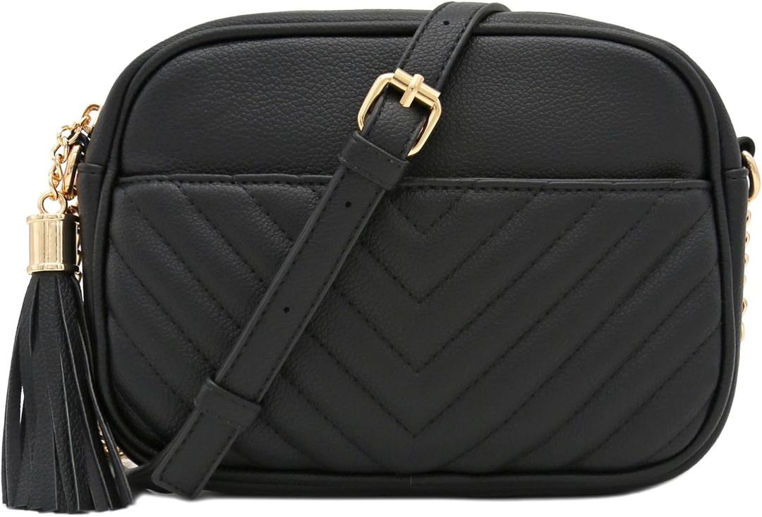 FashionPuzzle Chevron Quilted Crossbody Camera Bag with Chain Strap and Tassel (Black)