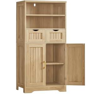 Iwell Tall Storage Cabinet with 2 Adjustable Shelves & Large Drawer, Rattan Cabinet with 4 Doors, Pantry Cabinets for Dining Room, Living Room, Home Office, Natural