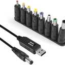 AITRIP USB to DC Power Cable 5V to 12V Boost Converter 8 Interchangeable Plug Connectors Adapters for Router, Mini Fan and Speaker（8-in-1）
