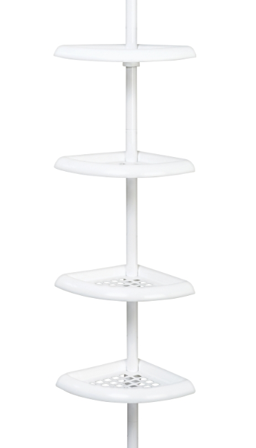 4 Tier Tension Pole Shower Caddy Plastic Corner Pole Adjustable Shelves 5-8ft White