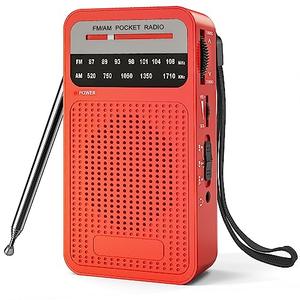 PowerBear Portable Radio | AM/FM, 2AA Battery Operated with Long Range Reception for Indoor, Outdoor & Emergency Use | Radio with Speaker & Headphone Jack (Red)