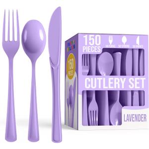 Party Solids Lavender Plastic Silverware Heavy Duty 150 Pieces Lavender Disposable Silverware Heavy Duty, Utensil Sets, 50 Of Each Forks, Knives & Spoons Disposable Cutlery Set For Party Supplies
