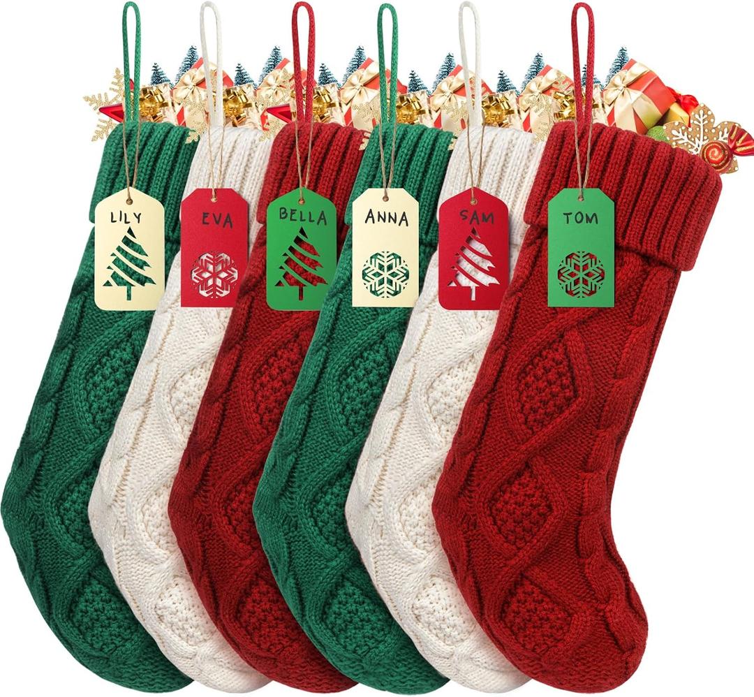 Christmas Stockings, 18 Inch Large Personalized Family Christmas Stockings with Name Tags, Classic Cable Knitted, Green Burgundy Ivory White, 6 Pcs