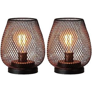 DECORKEY Set of 2 Battery Operated Lamp LED Table Lantern, Brown Metal Cage Cordless Lamps with LED Bulb，Vintage Decorative Outdoor Lantern for Weddings, Parties, Patio, Events for Indoors Shelf Decor