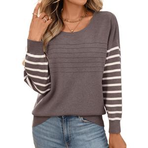 Womens Knit Pullover Sweater Long Sleeve Crew Neck Ribbed Tops Striped Sleeve Casual Fall Winter Blouses (Small, Coffee Grey)