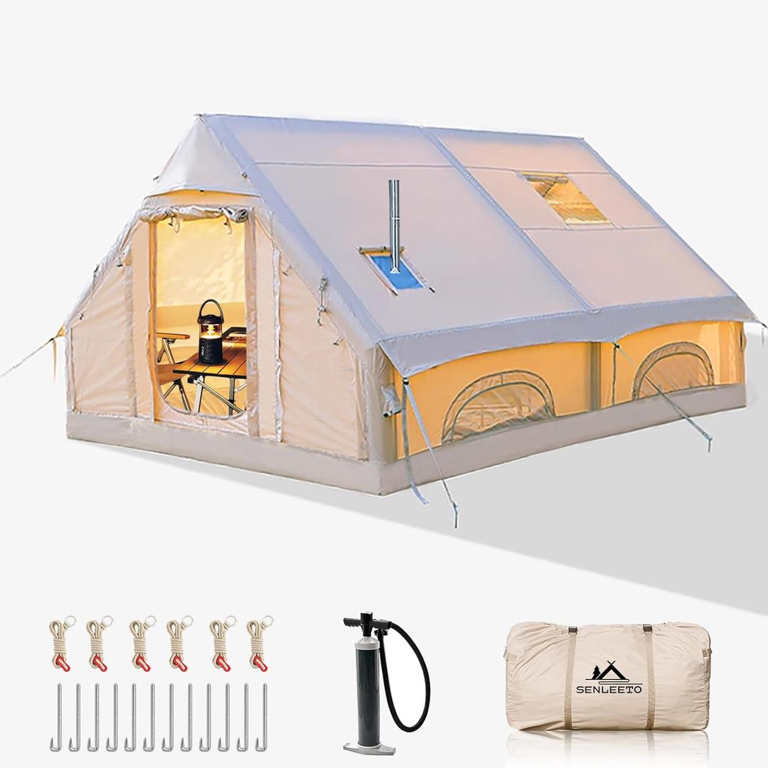 Inflatable Camping Tents 8-10 Person,129 Square Feets Large Inflatable Camping Tent with Stove Jack, Blow up Tent with Mesh Windows & Pump