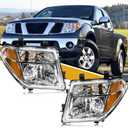 Headlight Assembly Compatible with Nissan 2005-2008 Frontier / 2005-2007 Pathfinder, Halogen Headlamp Replacements Pair Set for 26060EA525 26010EA525, w/o Bulb, Clear Housing Yellow Corner