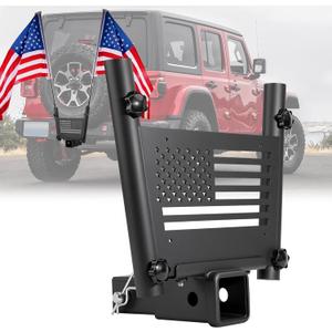 Universal Dual Hitch Flag Pole Holder for 2 Inch Receivers, Heavy-Duty Iron Double Flag Mount with Trailer Hitch & License Plate Bracket, Compatible with Trucks, SUV, RV, Pickup, Camper
