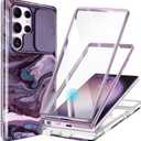GVIEWIN for Samsung Galaxy S23 Ultra Case with Slide Camera Cover, [Built-in Screen Protector] [2 Front Frames] Military Grade Shockproof Marble Phone Case Fit S23 Ultra 6.8", Quicksand/Purple