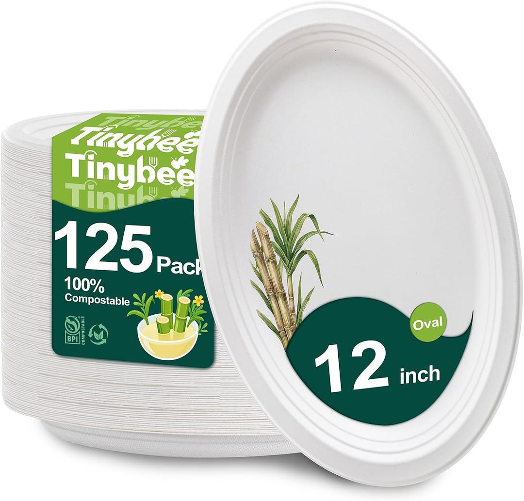 Tinybee Compostable Plates Heavy Duty 12 Inch - 125 Pack Paper Plates Eco-Friendly Large Paper Plates Microwave-Safe, Soak-Proof, Cut Resistant, Disposable Plates for Dinner BBQ Picnic Party, White