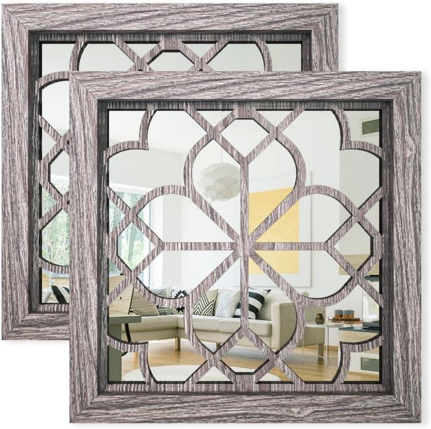 Set of 2 14 Inch Square Brown Window Pane Wall Mirrors, Shatterproof Rustic Farmhouse Boho Vintage Accent Mirrors for Living Room Bedroom Bathroom Entryway