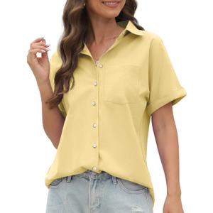 CUNLIN 100% Cotton Short Sleeve Shirts for Women Button Down Shirt Womens Blouses Casual Summer Tops with Pockets (X-Small, 757_khaki)