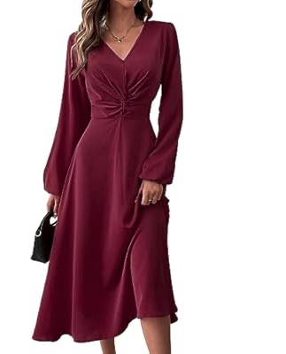 Twist Front Dresses for Women Lantern Sleeve V Neck Casual Cocktail Party Midi Dress Burgundy, S 