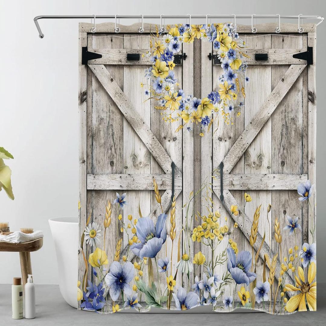 LB Farmhouse Barn Door Shower Curtain for Bathroom,Blue and Yellow Floral Wreath on Rustic Vintage Wood Fabric Shower Curtain with Hooks,Western Country Bathroom Curtain Shower Set, 60x72 inches