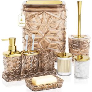 Bathroom Accessory Set, 9-Piece Brown Bathroom Set with Trash Can, Toilet Brush,Soap Dispenser, Soap Dish, Toothbrush Holder, Tumbler, Q-tip Holders,Tray,for Hotel/Apartment/Housewarming