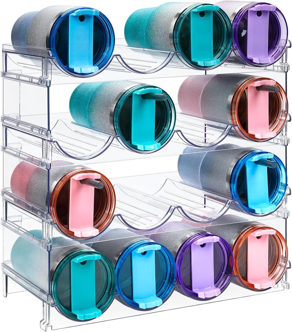 Water Bottle Organizer for Cabinet, Stackable Water Bottle Storage Rack, 4 Tier Water Bottle Holder for Kitchen Pantry, Tumbler Travel Mug Cup Organizer, Hold 16 Bottles