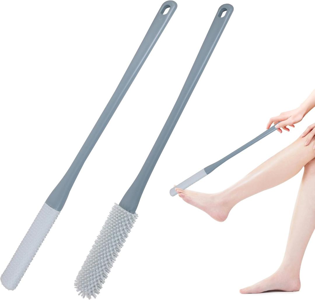 OWIIZI Toe Cleaning Brush 15.7" Foot Scrubber in Shower with Long Handle Silicone Gap Brush Between Toes Cleaner Soft Feet Care Scrub for Seniors,Elderly, Men and Women- 2Pack (Grey)