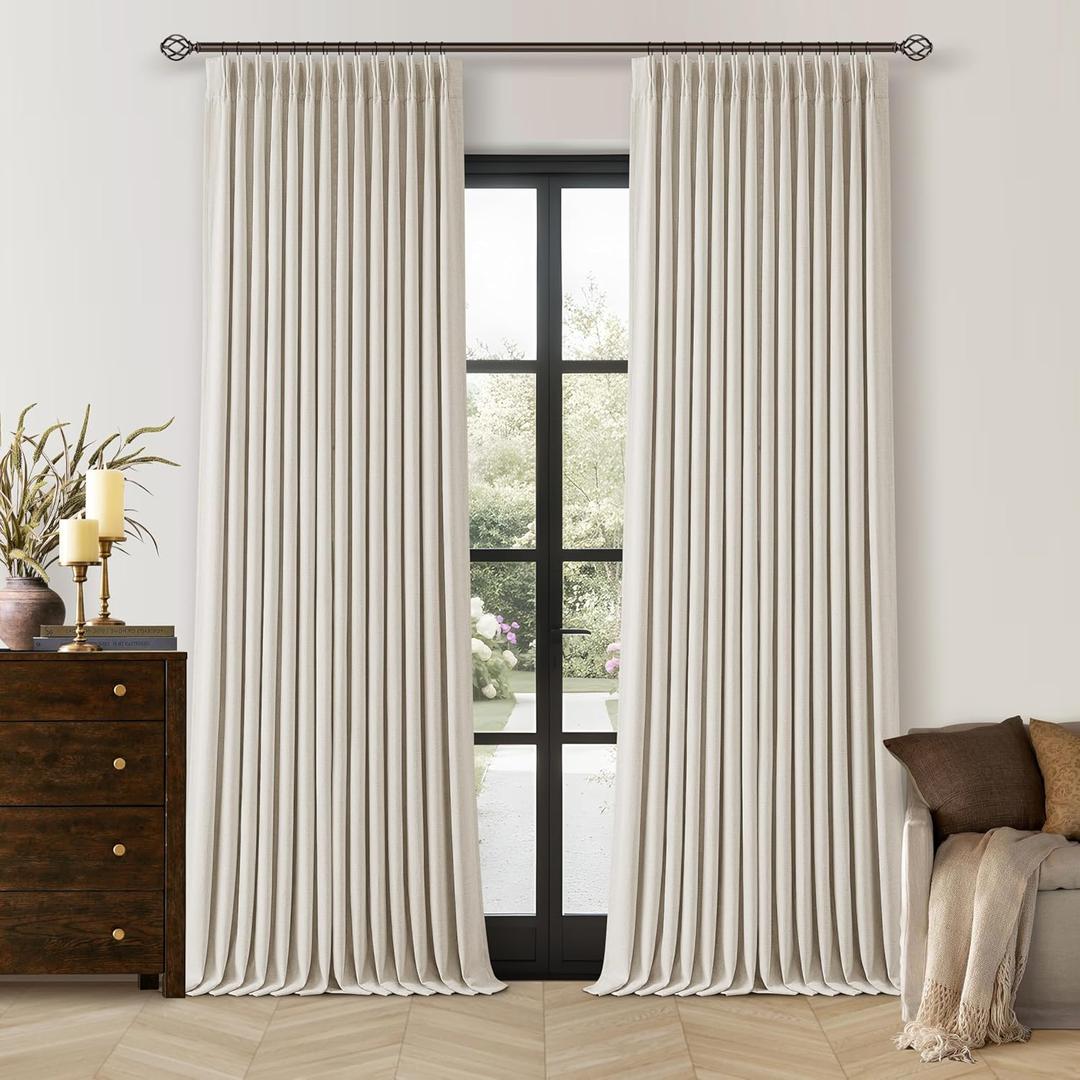Pinch Pleated 100% Blackout Linen Curtains 96 Inch Length 2 Panels Pinch Pleat Curtains Black Out Light Blocking Room Darkening Drapes Dual Layer for Bedroom Living Room Window Cream Ivory Natural