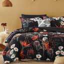 CASAAGUSTO Full Comforter Set, 7 PCS Black Shore Floral Comforter Set with Flowers Leaves Pattern, Soft Seersucker Design All Season Queen Size Bedding Set with Decor Pillow (80"X90")
