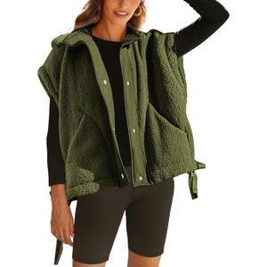 Gozoloma Women's Oversized Fleece Vest Sleeveless Casual Button Down Piecing Fuzzy Sherpa Gilet Jacket with Pockets (Large, Army Green)