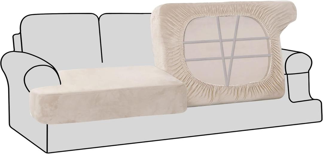 H.VERSAILTEX Stretch Velvet 2 Piece T-Cushion Cover Separate T-Cushion Cover Seat Cover for Sofa Couch Cushion Slipcovers Furniture Protector with Elastic Bottom(Sofa, Ivory)