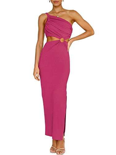 ANRABESS Women Summer One Shoulder Sleeveless Maxi Dress Cutout Sexy Bodycon Semi Formal Dinner Date Vacation Dresses Rose Medium