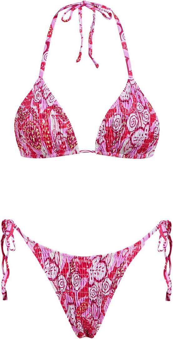 VOLAFA Women's Triangle Bikini Set String Swimsuit Print Tie Smocked Ruched Two Piece Bathing Suit (6)