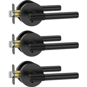 Amerdeco 3 Pack Matte Black Door Handles Interior,Knurled Privacy Door Handles with Lock,Heavy Duty Black Door Lever for Bedroom or Bathroom,Reversible Keyless for Left Right Handed Doors AM0027
