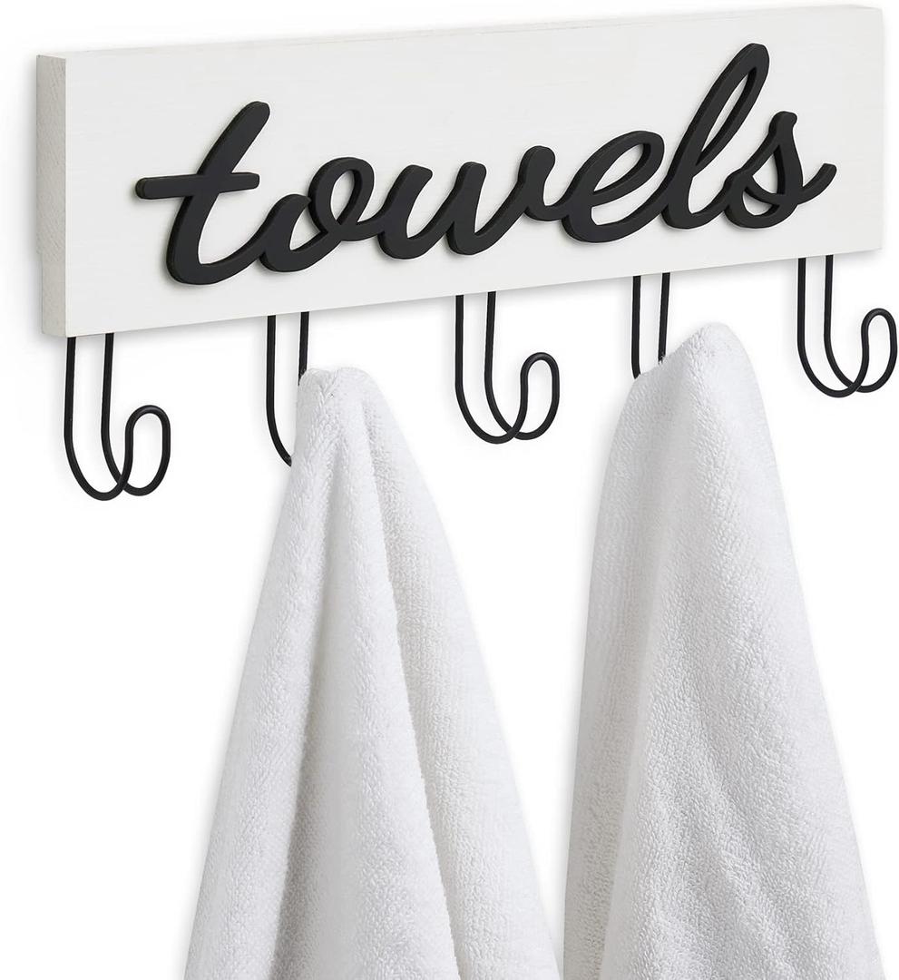 Mkono Towel Holder Wall Mounted Towel Rack Bathroom Decor Rustic White Wood Towel Hooks to Hang Towels Bathroom Robe Coat Clothing, Bath Towel Hanger Storage Home Decor Organizer,Small