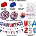 32PCS 4th of July Patriotic Decorations Set,250th Red White Blue Paper Fans Decorations Labor Memorial Day Decor for Indoor Outdoor Outside