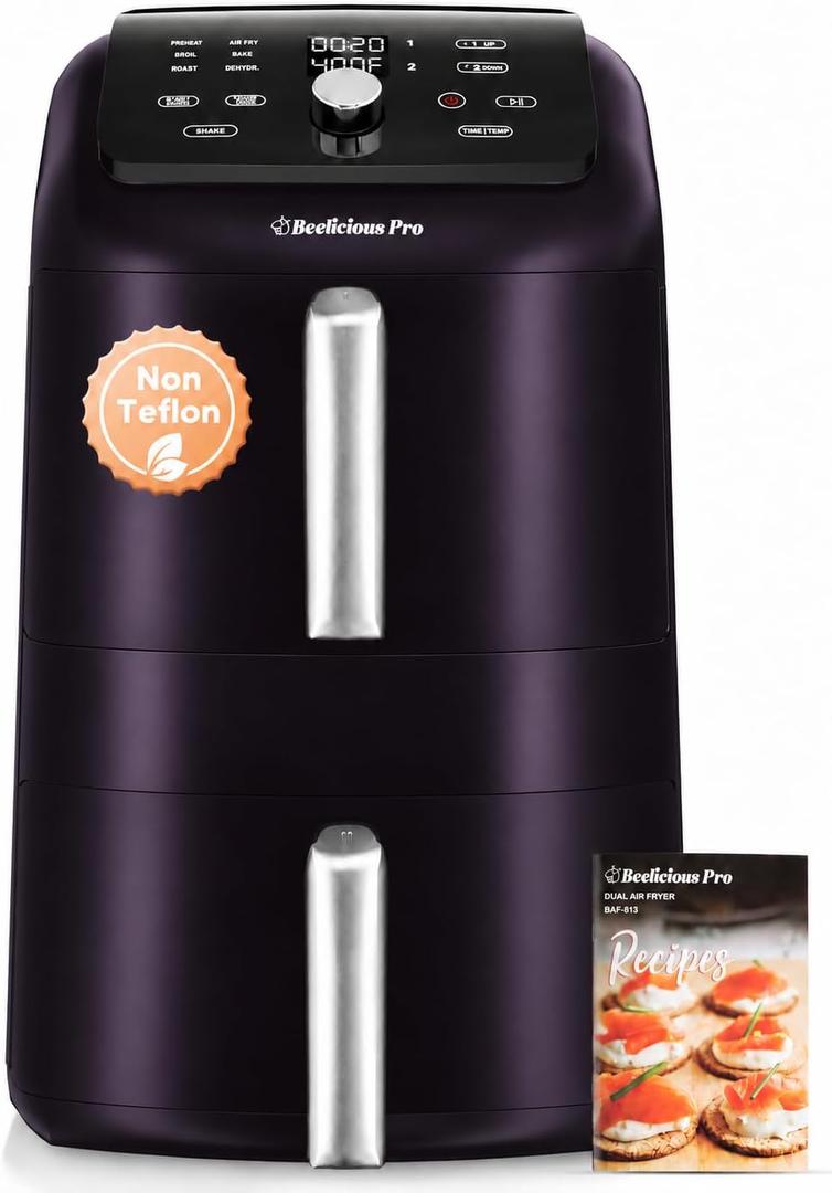 12QT Large Double Air Fryer, Family-Size Dual Airfryer with 2 Baskets, SyncHeat Even Heating, Stacked Compact Design, Smart Finish & Match Cook, PFAS-Free Nonstick, Dishwasher-Safe, Blackish Purple, Standard
