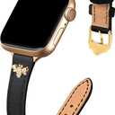 JR.DM Slim Leather Bands Compatible with Apple Watch Band 42mm 44mm 45mm 46mm 49mm, Genuine Leather Band with Charms, Feminine Design for Iwatch Ultra SE Series 11 10 9 8 7 6 5 4 3 2 1 (0 Black & Gold with Bee)
