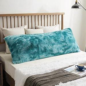 XeGe Shaggy Faux Fur Body Pillow Cover, Tie Dye Fluffy Bed Pillow Case with Zipper, Turquoise Print Soft Plush Long Pillow Sham, Fuzzy Hug Pillow for Bedroom Home Decoration 20"x54" Tie Dye Teal