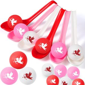 24 Pack Valentine's Day Spoon Relay Race Toy Set , Heart Ball and Spoon Race Game for Indoor Outdoor Office Party Supplies Favors(White, Pink, Red,Angel)
