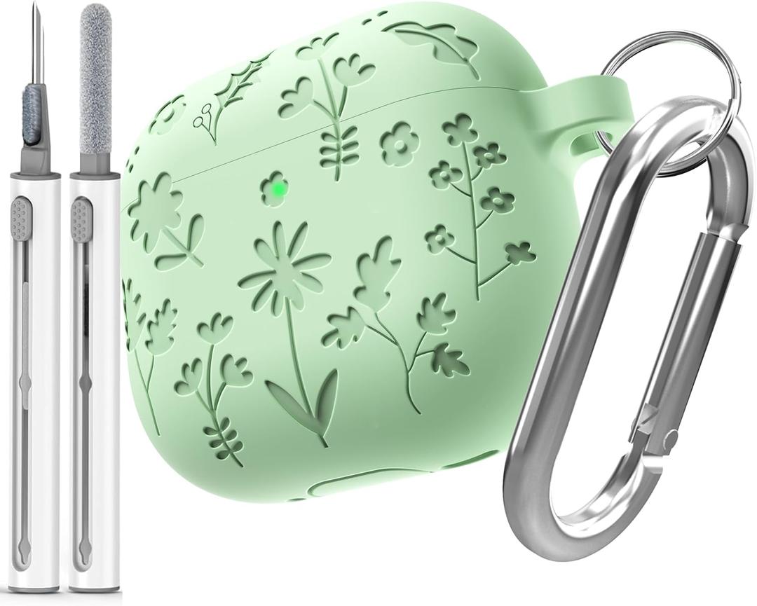 DamonLight Flora Engraved Case for AirPods 4 Cover Shock-Proof Protective Soft Silicone Case with Keychain for Apple Airpods 4th Generation 2024 Released (Grass Green)
